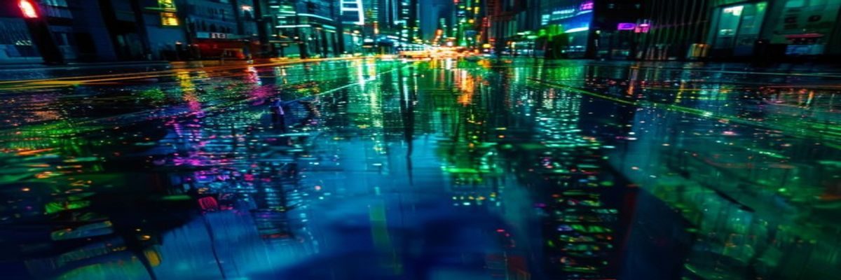 现代城市夜景俯视图，霓虹灯光在雨后街道上折射出绿色与黑色的交错倒影，象征ntr文化在全球化语境下的多元传播与交融